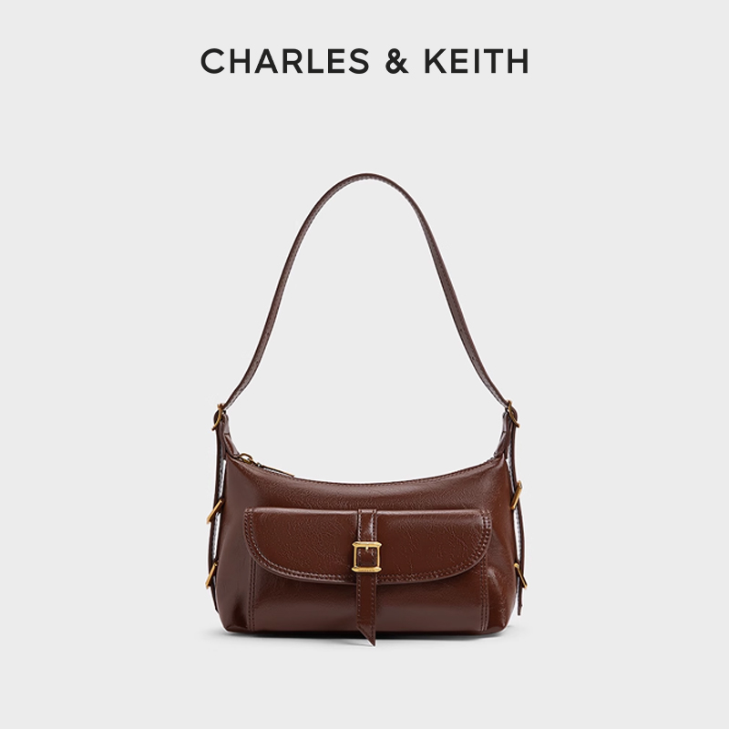 CHARLES & KEITH【琥珀风】25复古油蜡皮单肩斜挎腋下包20782621