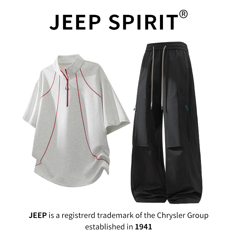 JEEPSPIRIT吉普半拉链短袖T恤长裤套装男士大码夏季宽松休闲搭配