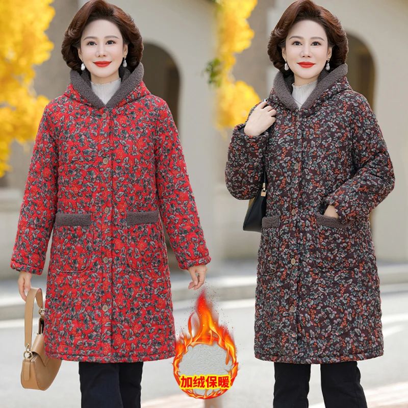 大码棉衣妈妈装连帽中长款中老年冬季保暖加绒加厚棉服时尚网红款