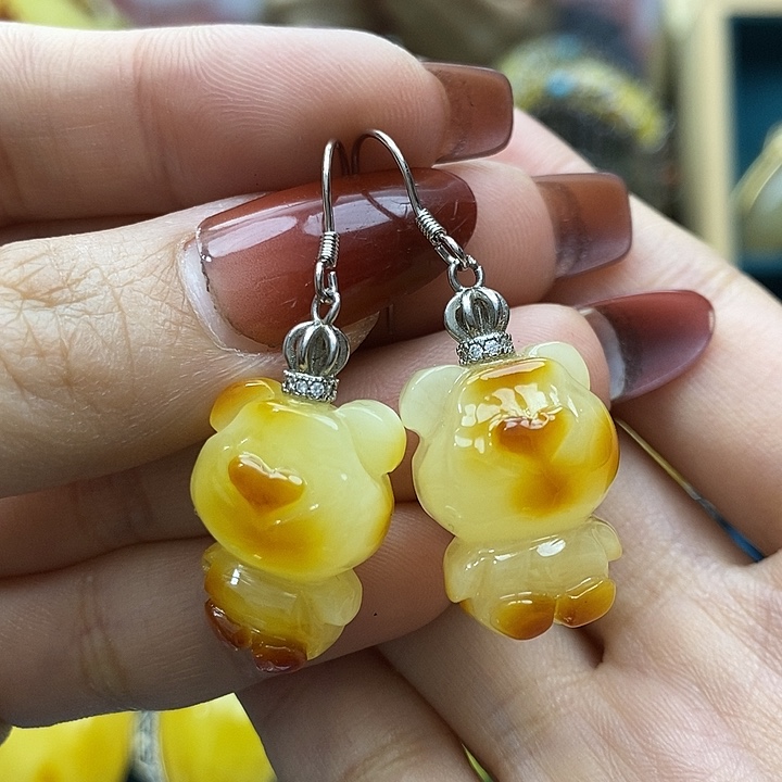琥珀耳饰银S925镶嵌耳环