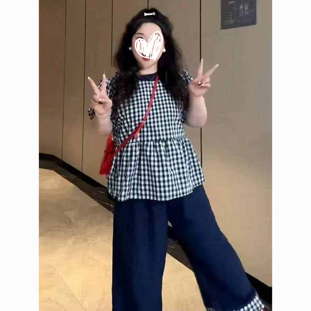 大码韩系减龄格子短袖衬衫阔腿裤两件套女夏季胖mm巨显瘦绝美套装