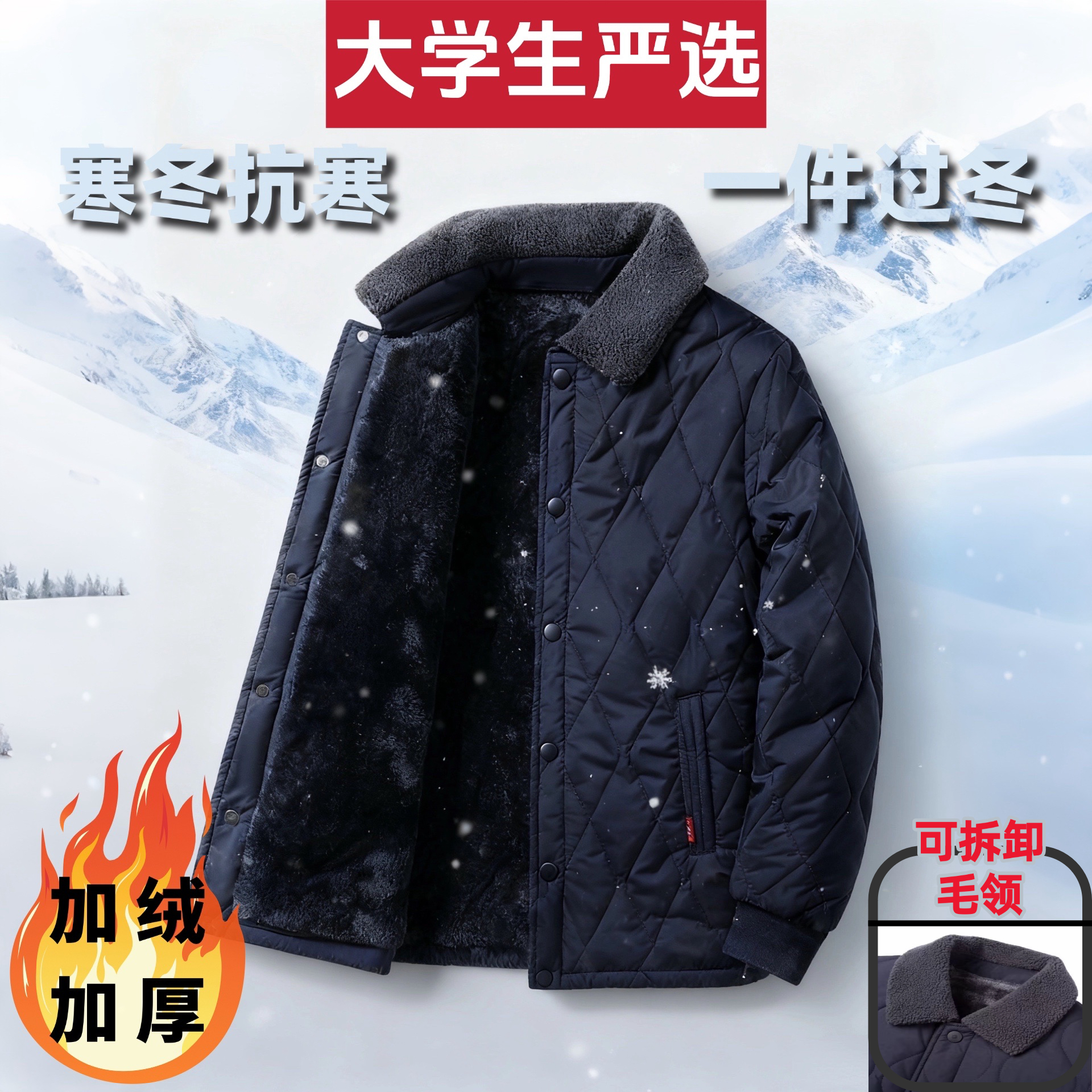 【爸爸装】加绒加厚冬季棉衣加绒内胆男士棉服可拆卸毛领外套时尚