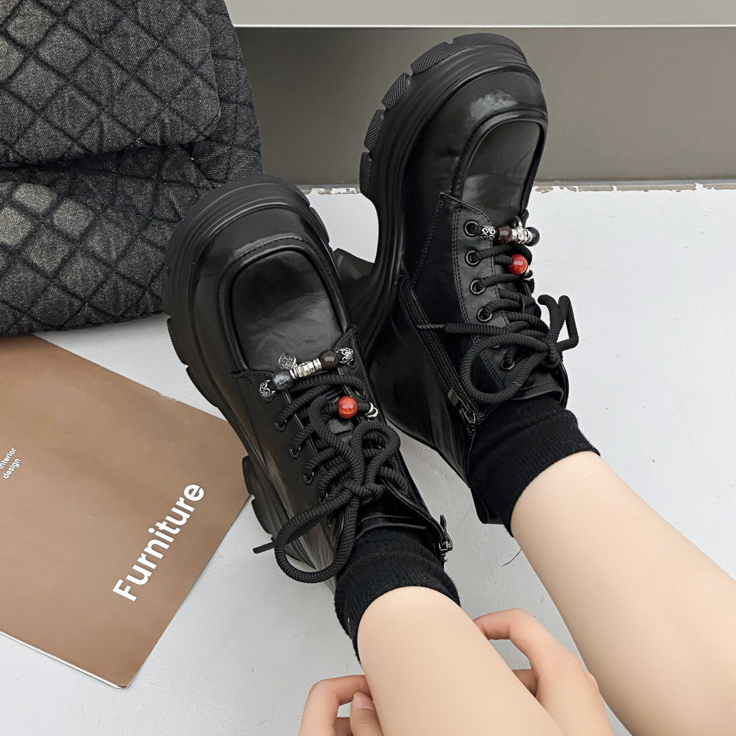 0583-50达思图厚底短靴女粗跟增高女靴子舒适短筒百搭皮靴马丁靴