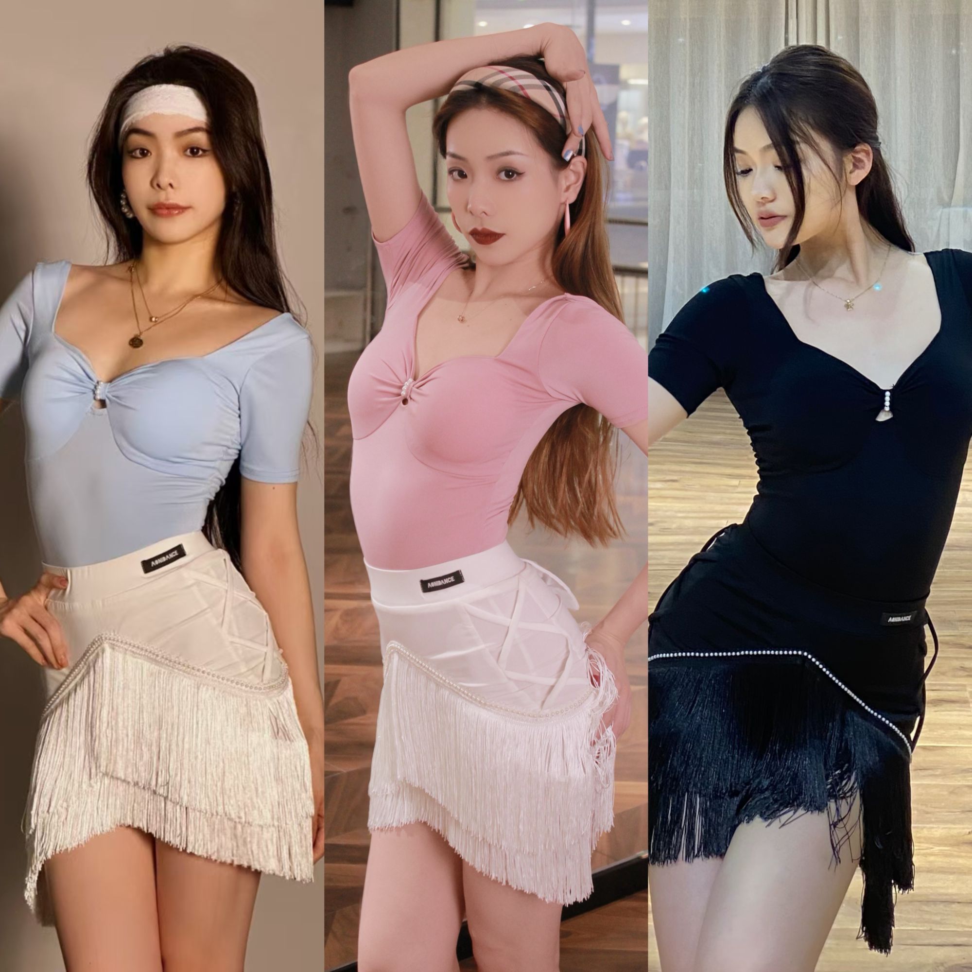 傲睨舞服拉丁摩登舞专业短袖连体上衣带胸垫珍珠百搭显瘦练舞教课
