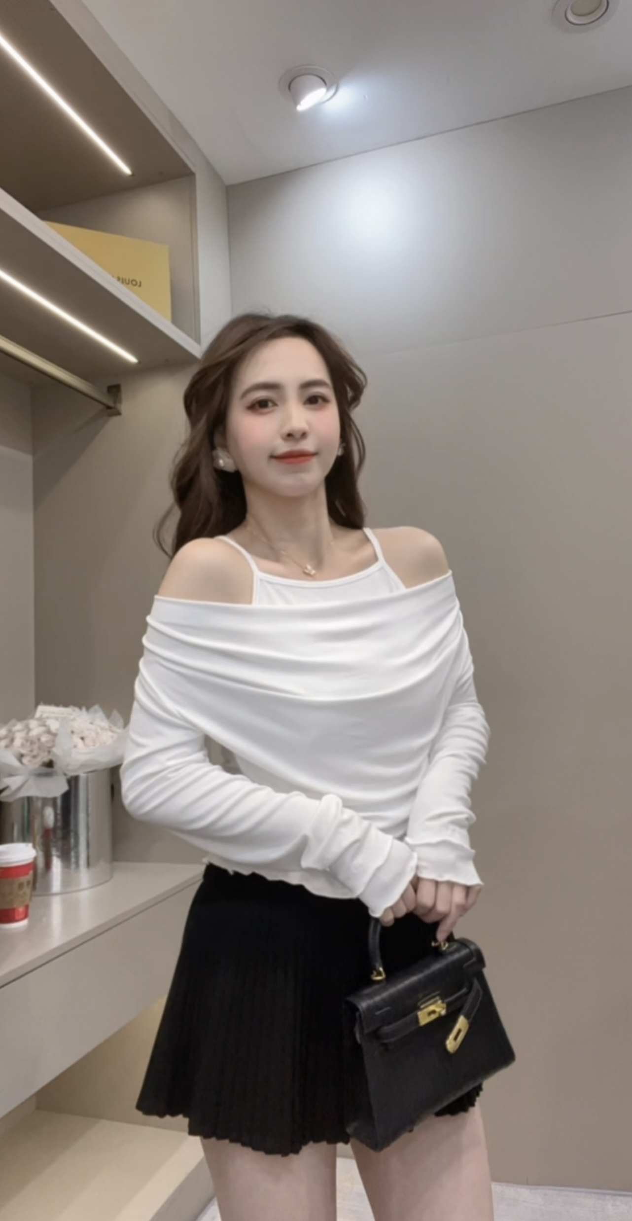 敏敏推荐【柔光琉璃】不规则荡领吊带长袖T恤春款修身显瘦上衣1305