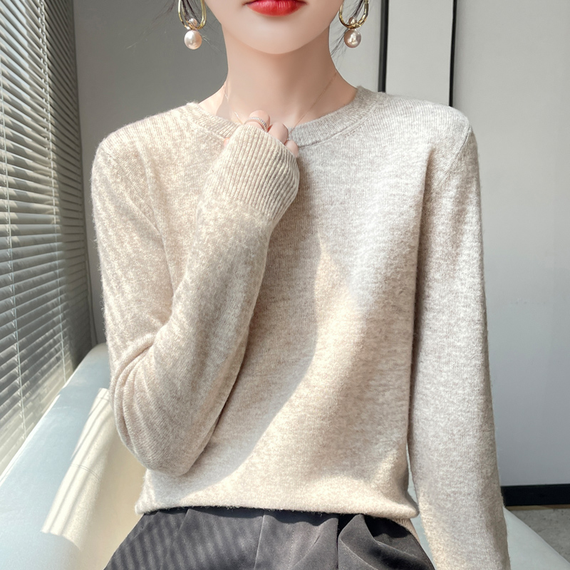 100%纯羊毛针织衫女平面简约打底毛衣长袖套头圆领上衣AW22-03