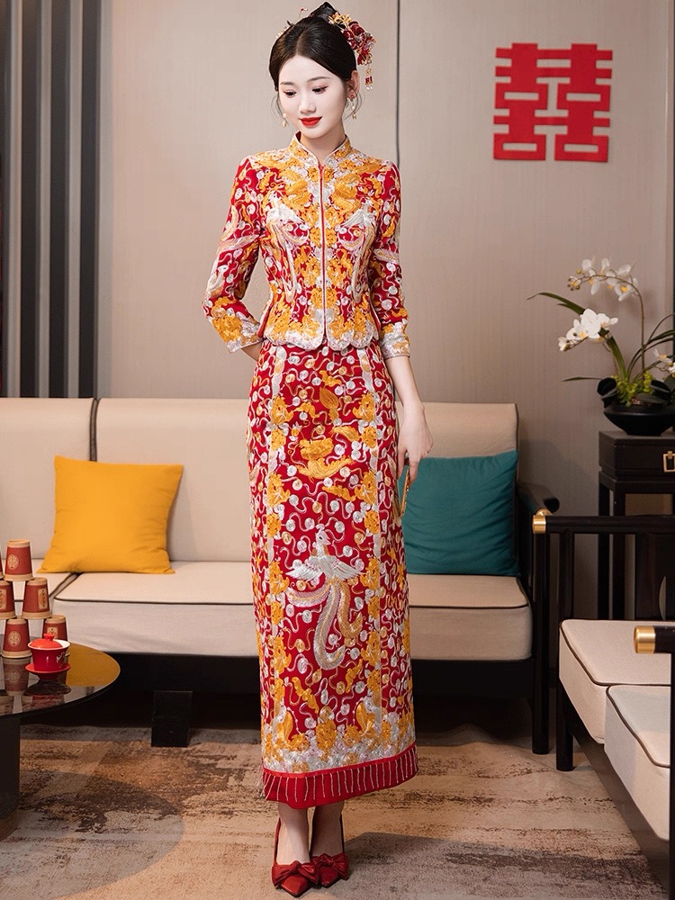 简约大气高端小五福龙凤褂瘦身显瘦夏季薄款正红结婚婚服