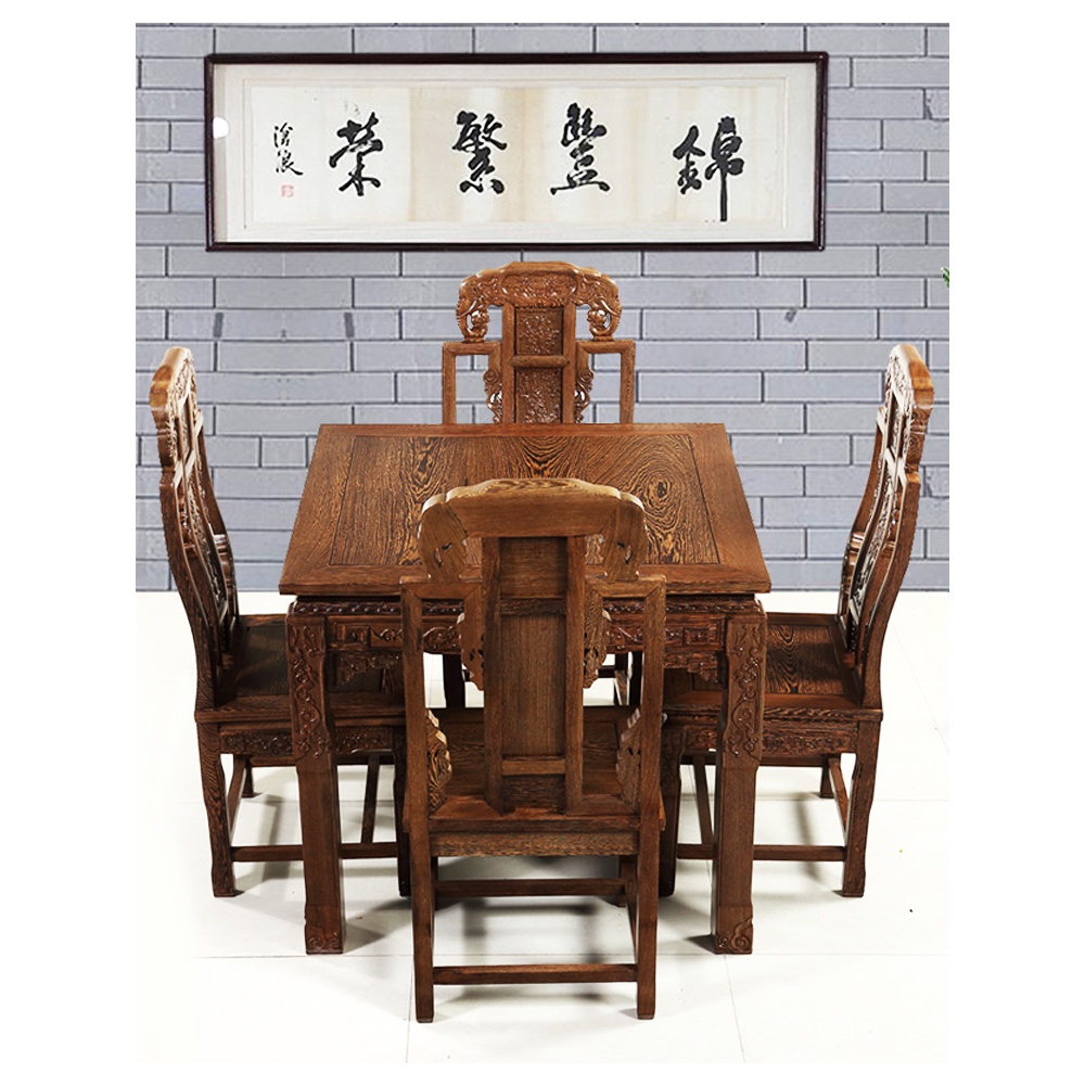 吉祥如意方桌 鸡翅木餐桌椅组合小桌子家用大方桌四方桌 红木家具