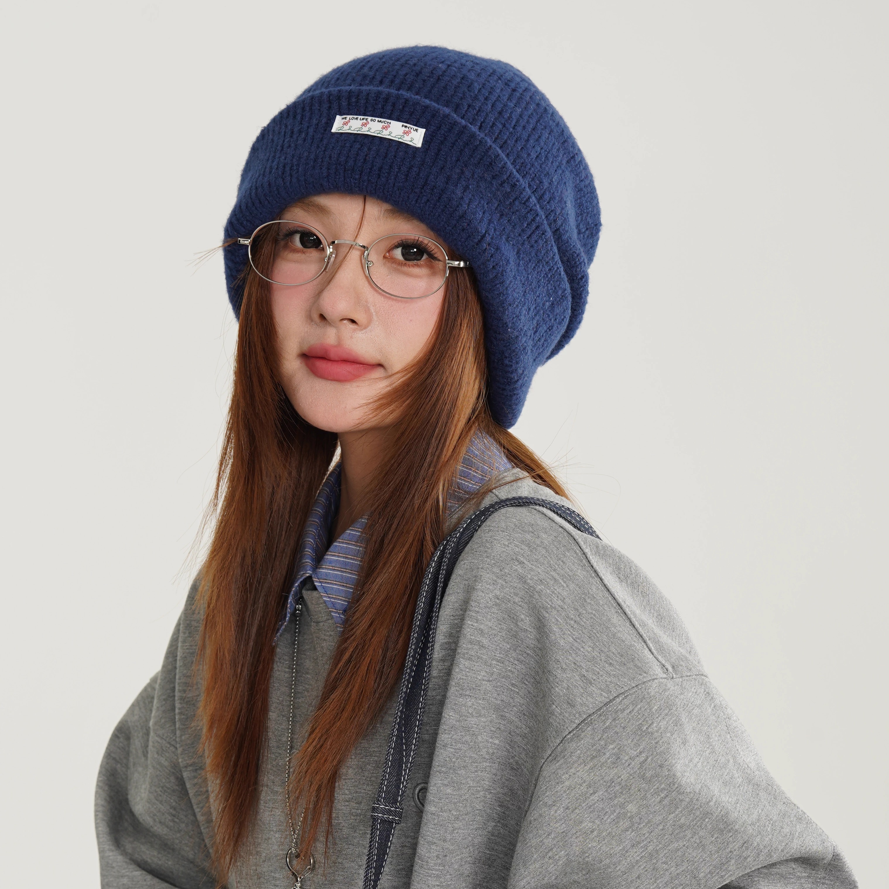 韩系显白藏青色针织帽子女秋冬季大头围保暖加厚冷帽毛线帽男百搭