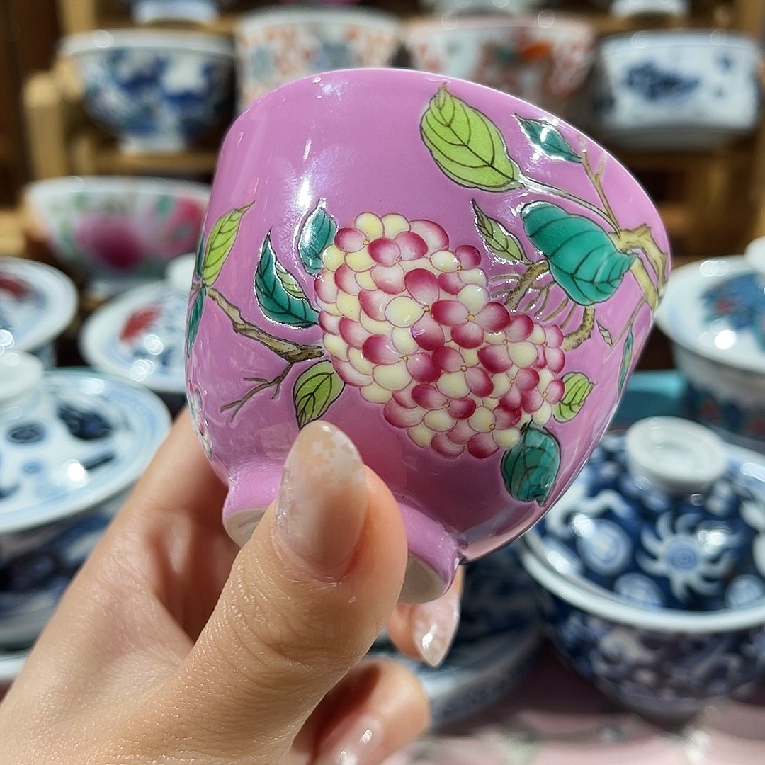 杯子瓷粉色系绣球花主人杯