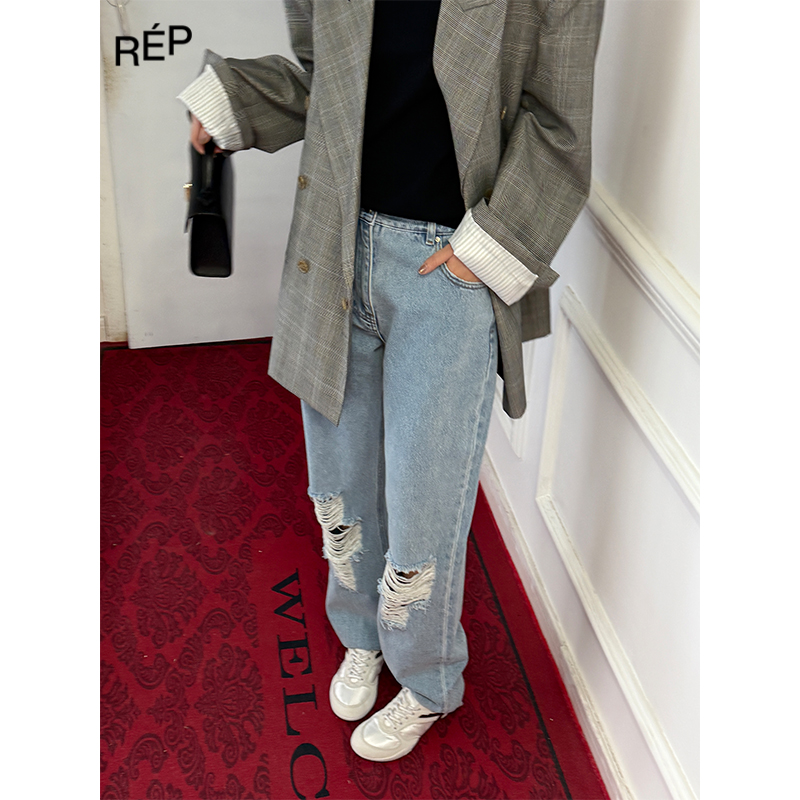 REP-COEMES设计师品牌蓝色破洞牛仔长裤 25SS 早春穿搭