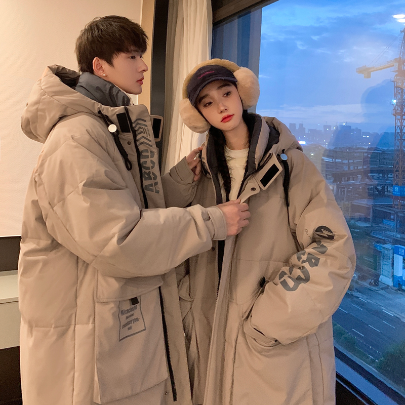 港风情侣羽绒服男中长款2025新款宽松大码加厚冬季面包服女外套潮