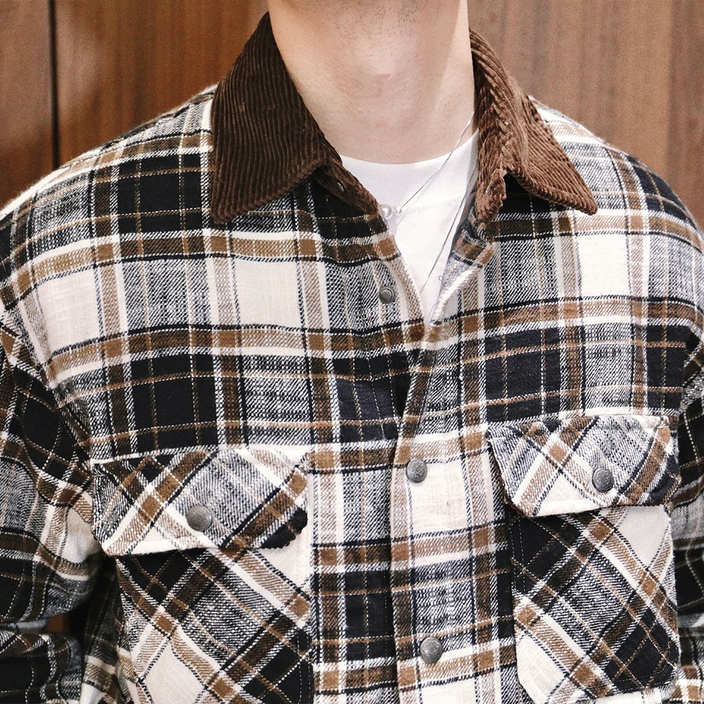 Extfine冬季日系复古竹节格格纹质感翻领棉服夹克外套男宽松保暖