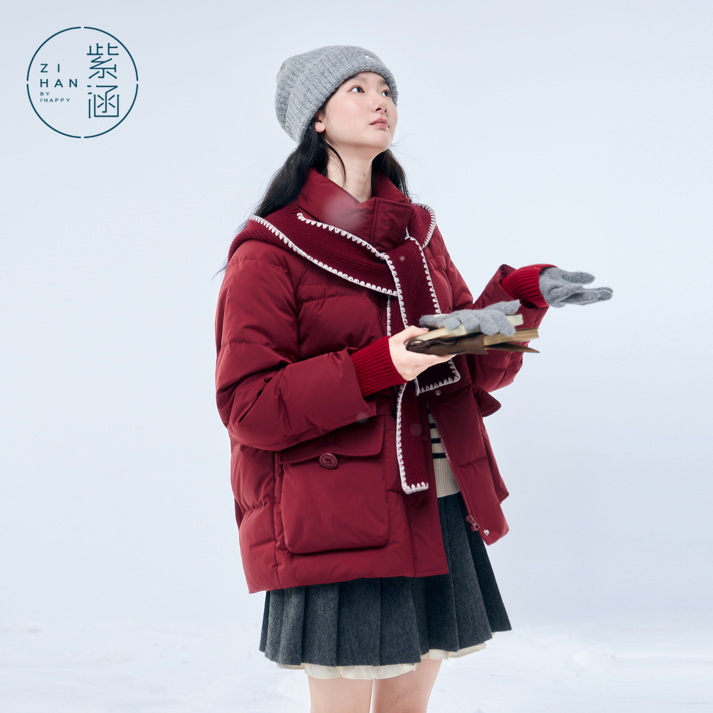 紫涵立领羽绒服女2025年冬季新款针织帽保暖鸭绒外套Z5Z10AN256