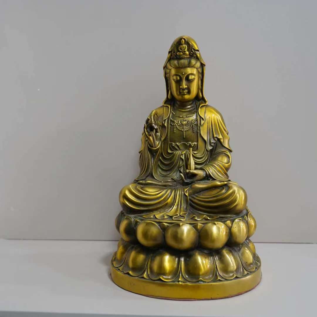 观音菩萨佛像家用黄铜观音菩萨坐莲观音客厅供奉摆件观世音手工
