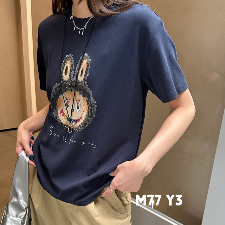 M77Y3特价88389拉布布卡通印花T恤女2025秋新款圆领短袖显瘦上衣