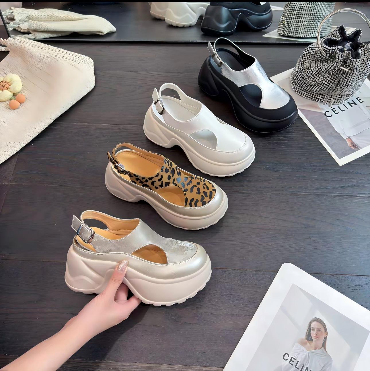 （运费补贴）增高软底豹纹休闲包头镂空凉鞋欧若智性风