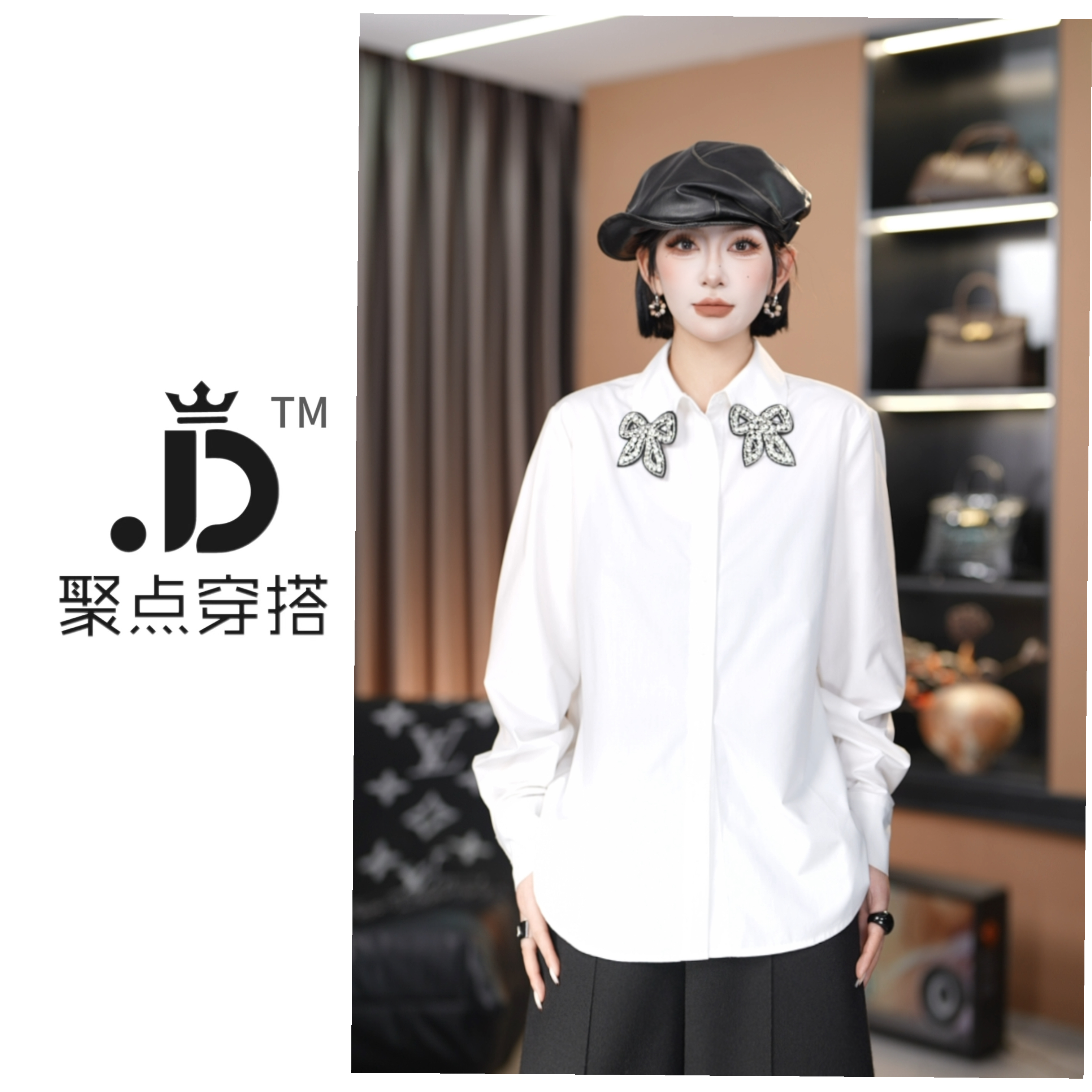 JUDIAN-2025秋冬新款蝴蝶钉珠长袖衬衫8jd00660