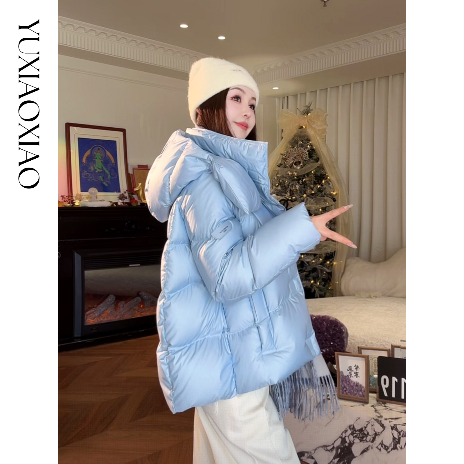 余潇潇【零度环游】波兰95白鹅绒时尚连帽长款宽松羽绒服保暖舒适
