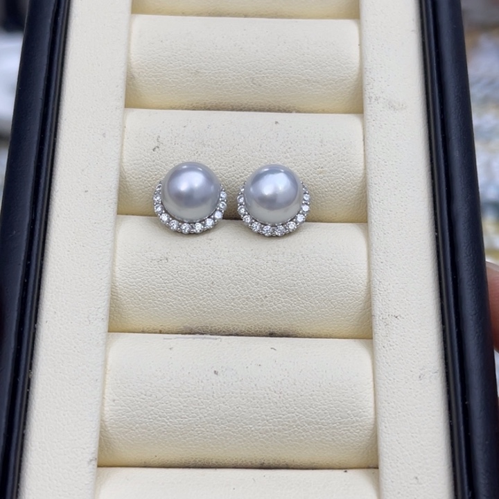 海水珍珠耳饰银S925镶嵌澳白耳饰9-10mm