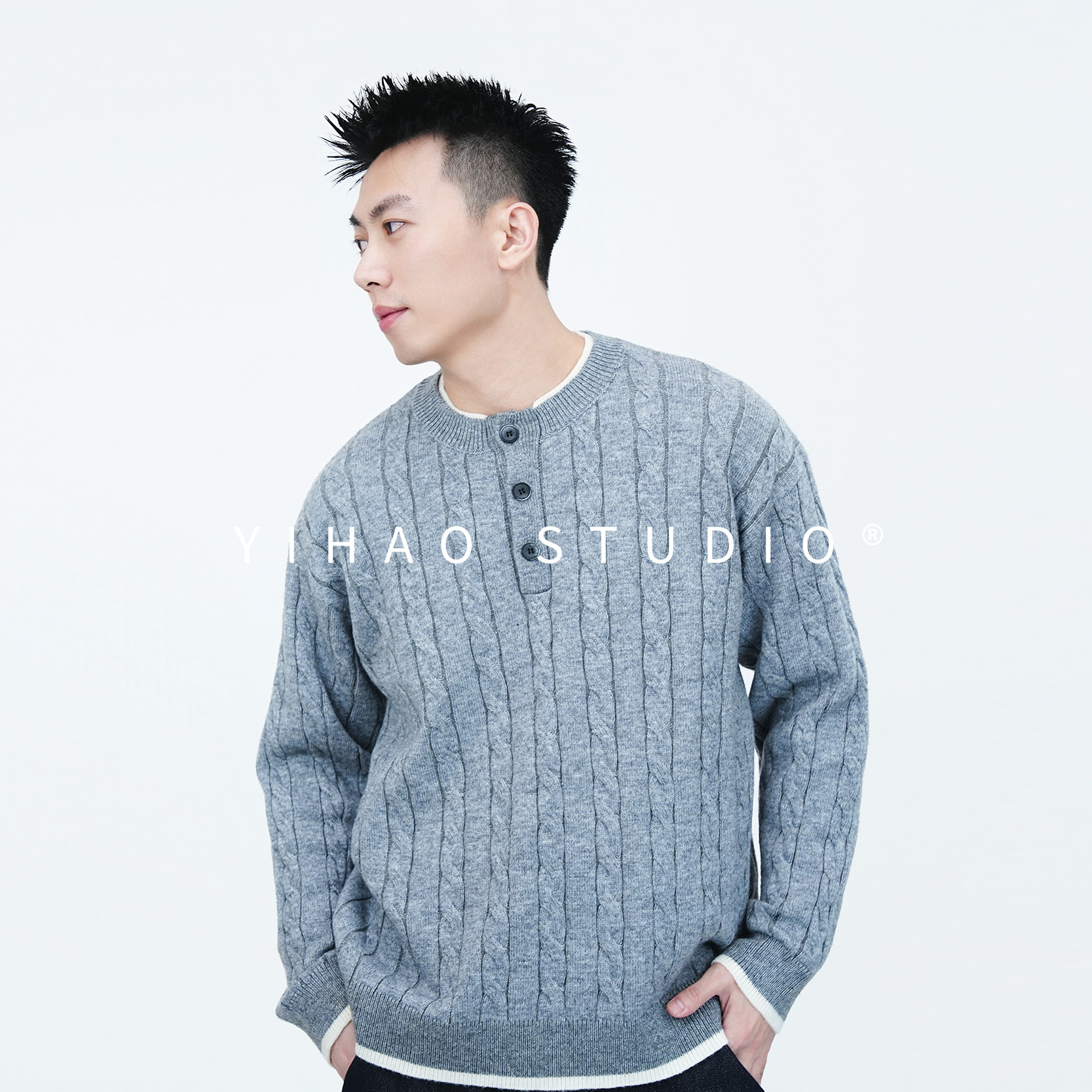 YIHAO STUDIO秋冬新款老钱风高级亨利领绵羊毛针织衫潮牌休闲毛衣