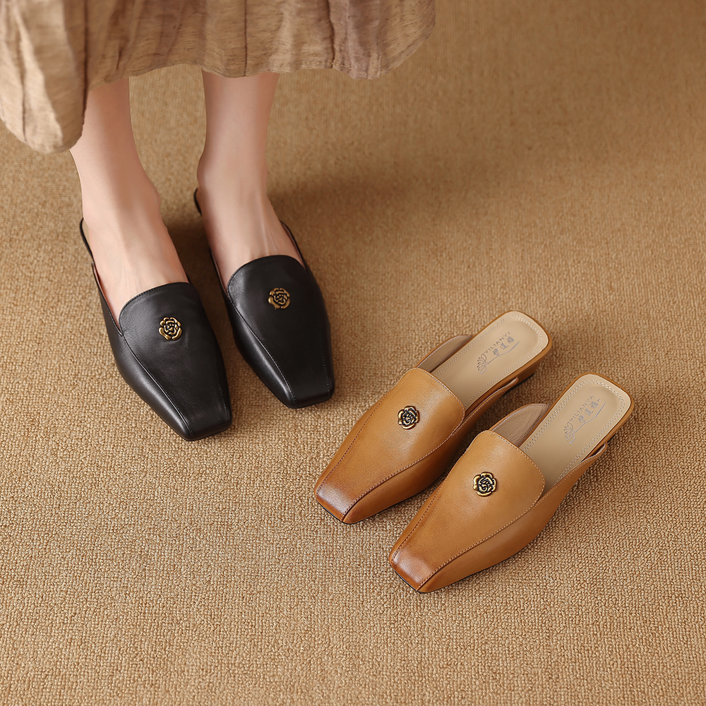 1952-1包头拖鞋女外穿真皮半拖粗跟中跟鞋2025夏季新款凉拖