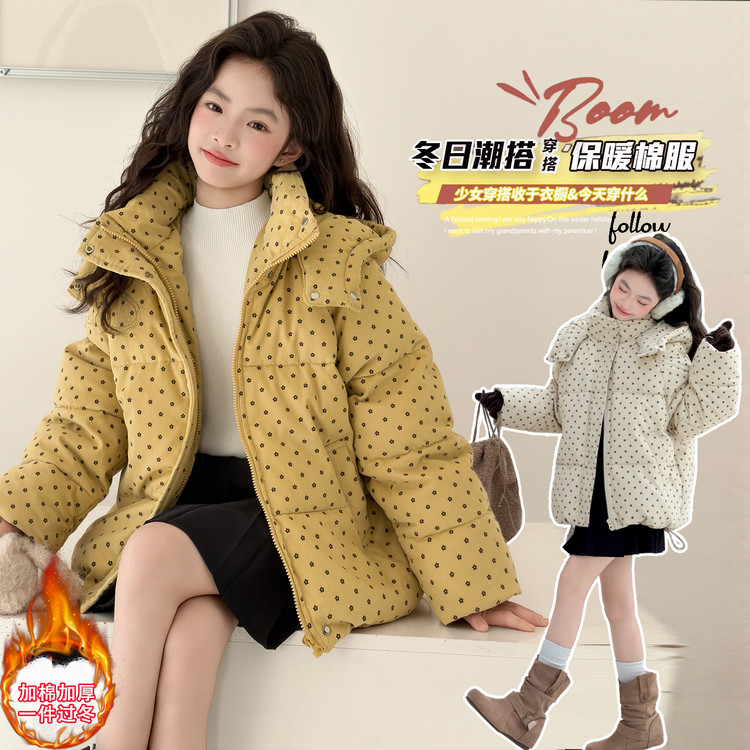 女童洋气韩版圆点加厚棉服时尚中大童冬季新款连帽保暖面包服外套