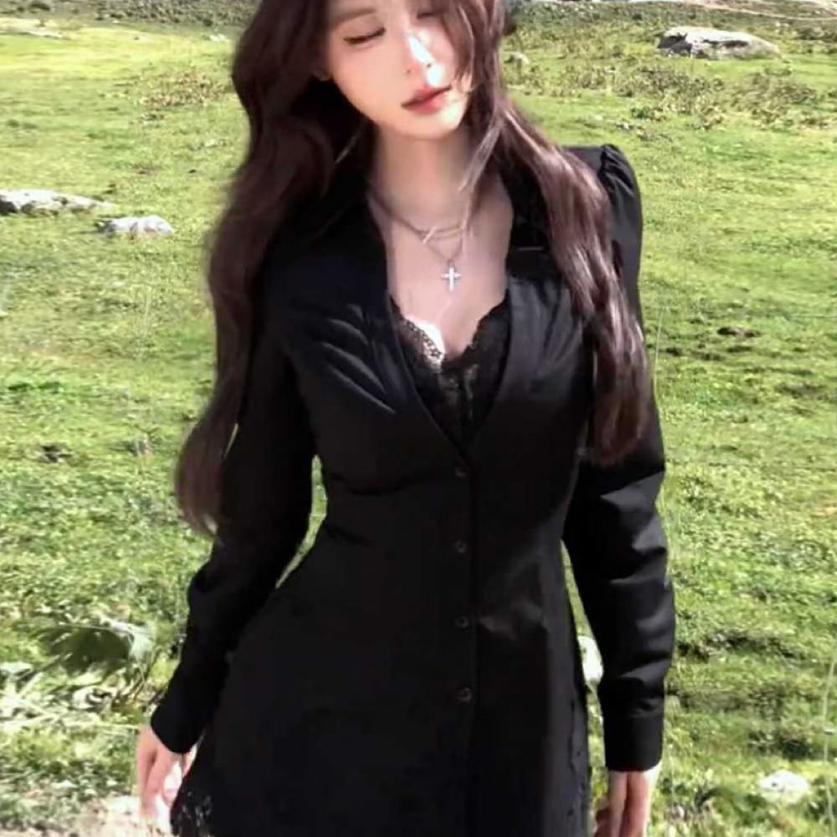 依依家854蕾丝拼接黑色V领长袖西装赫本风包臀连衣裙秋季新款短裙