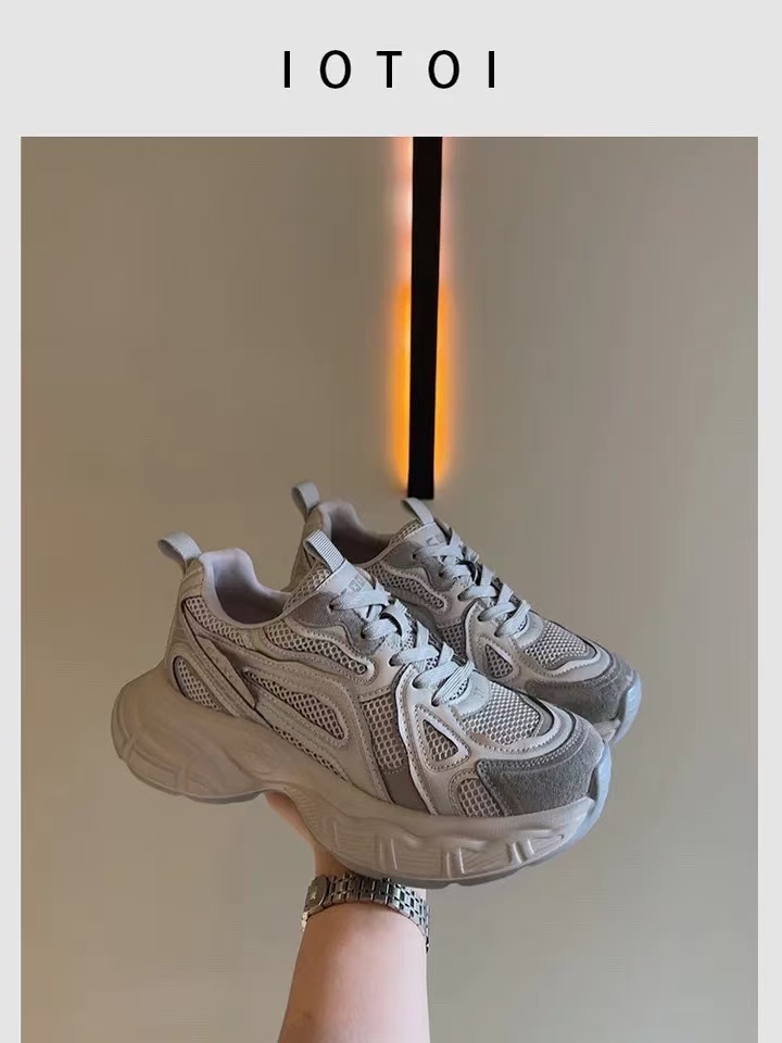 1-111 做旧擦色老爹鞋女新款真皮透气网面增高厚底运动鞋