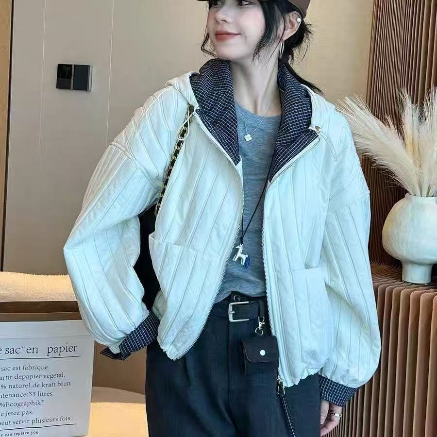 2025连帽格子拼接绗线棉服外套早冬季新款时尚百搭休闲女士