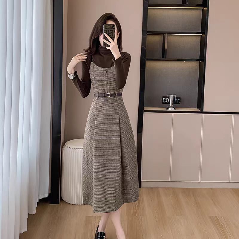 2536时尚套装长袖法式秋季长裙女装拼接收腰复古修身气质长裙