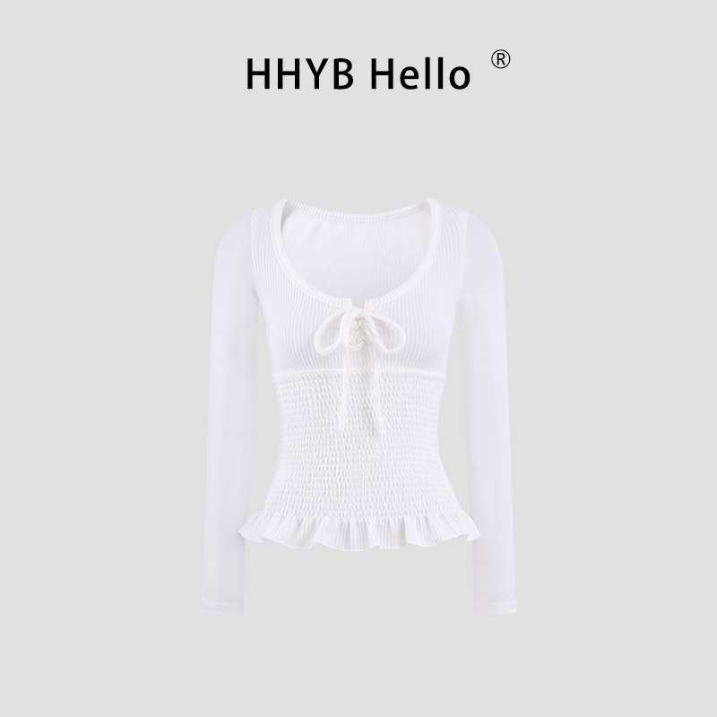 HHYB Hello纯欲设计感抽绳系带圆领长袖T恤女修身显瘦上衣250941