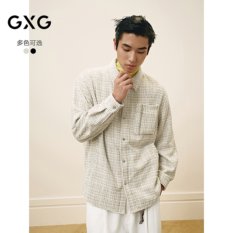 GXG男装小香风粗纹肌理宽松翻领长袖衬衫外套时尚25春#G25D031011