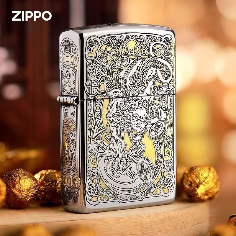 Zippo打火机原装正版 镀铬磨砂精雕五面招财貔貅煤油防风送礼DYJ1
