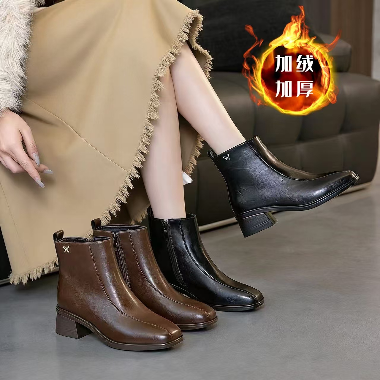 [运费险]冬季拉链方头侧拉链短靴黑色皮靴单靴时尚圆头时装靴7037