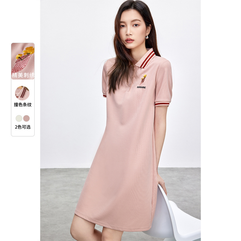 【撞色刺绣】简约休闲通勤polo领经典条纹短袖直筒连衣裙58890X