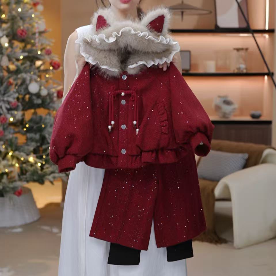 女童加绒加厚款呢料套装2025新款冬儿童洋气上衣裤子