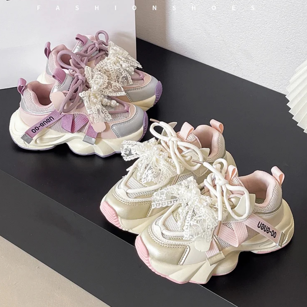 女童运动鞋春秋新款公主软底老爹鞋女孩珍珠蝴蝶结透气休闲鞋