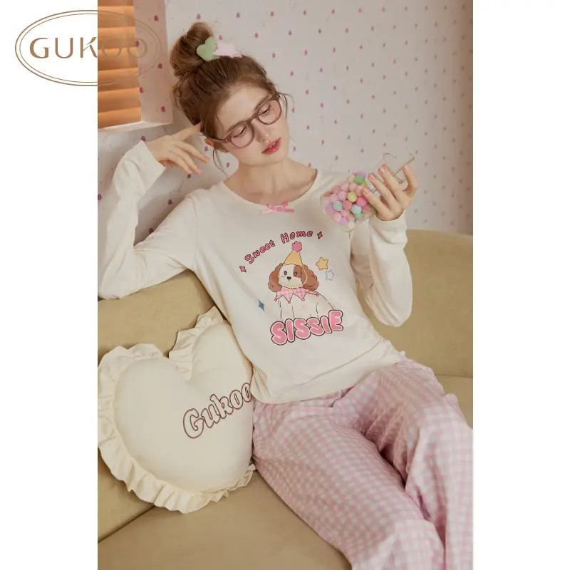 Gukoo/果壳粉格纹秋季纯棉少女睡衣家居服套装多巴胺可爱可外穿