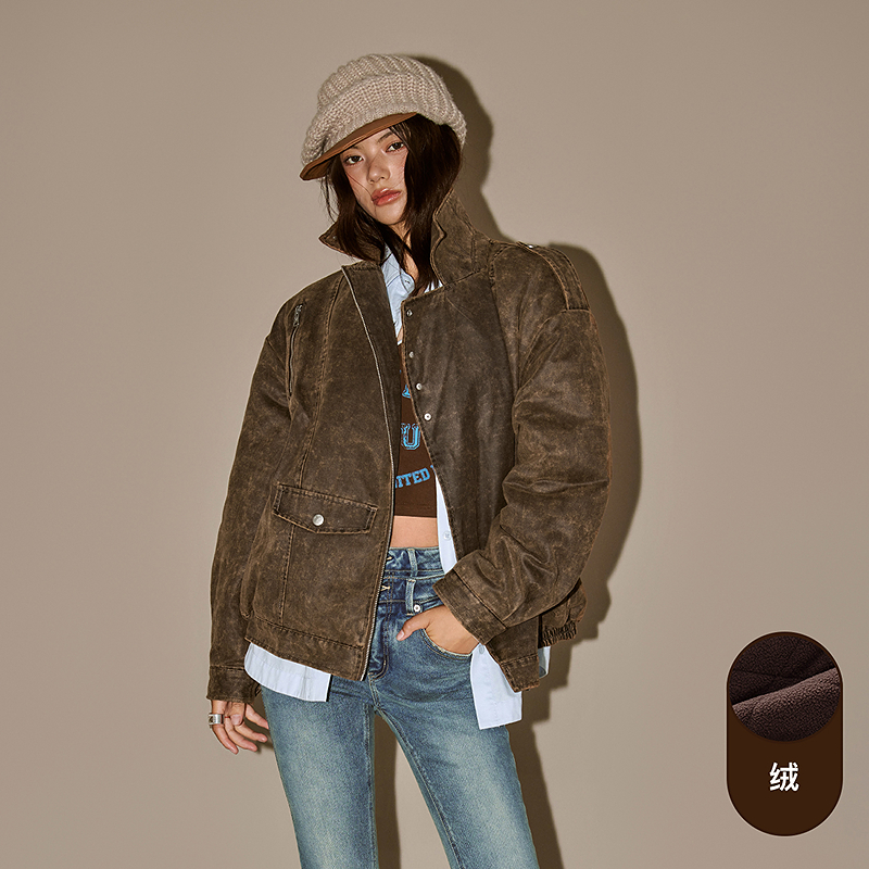 CHUU冬季女装仿麂皮绒设计工装风做旧水洗铆钉加绒百搭棉服