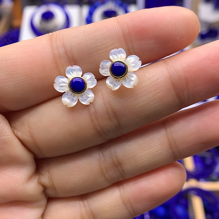 青金石银S925镀金镶嵌耳钉