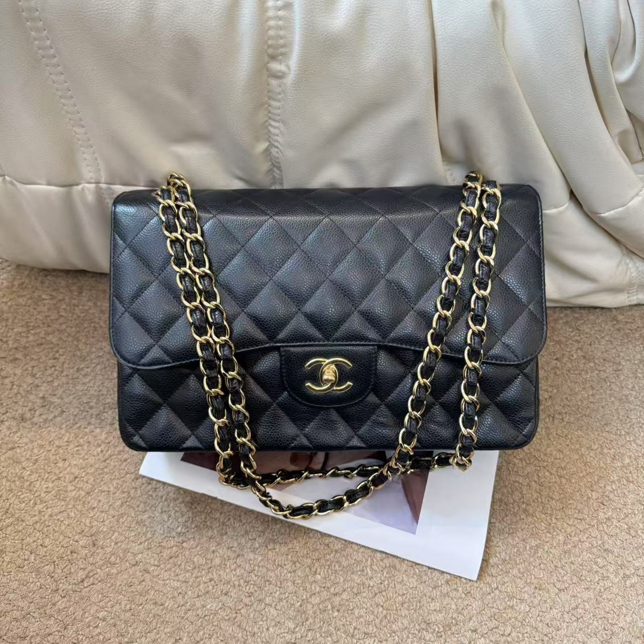 95新 Chanel/香奈儿 黑金荔枝牛经典cfjumbo双盖单肩包/638324752