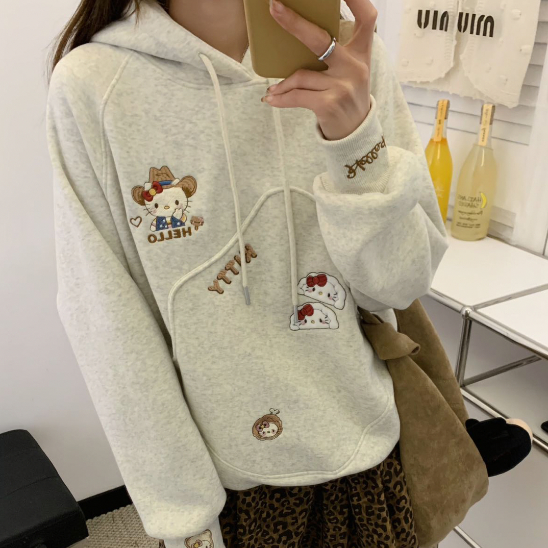 6081hellokitty重工刺绣连帽卫衣加绒加厚宽松韩版套头长袖卫衣女