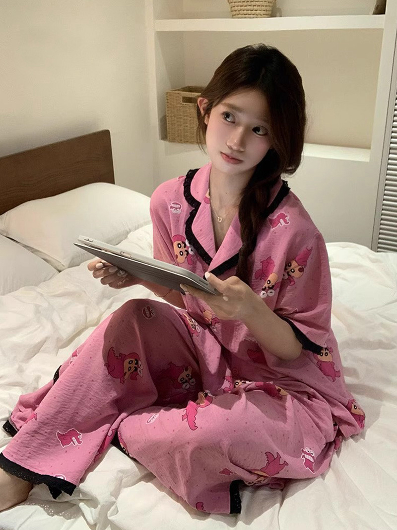 云朵棉 夏季新款韩版睡衣女甜美蕾丝花边蜡笔小新家居服套装