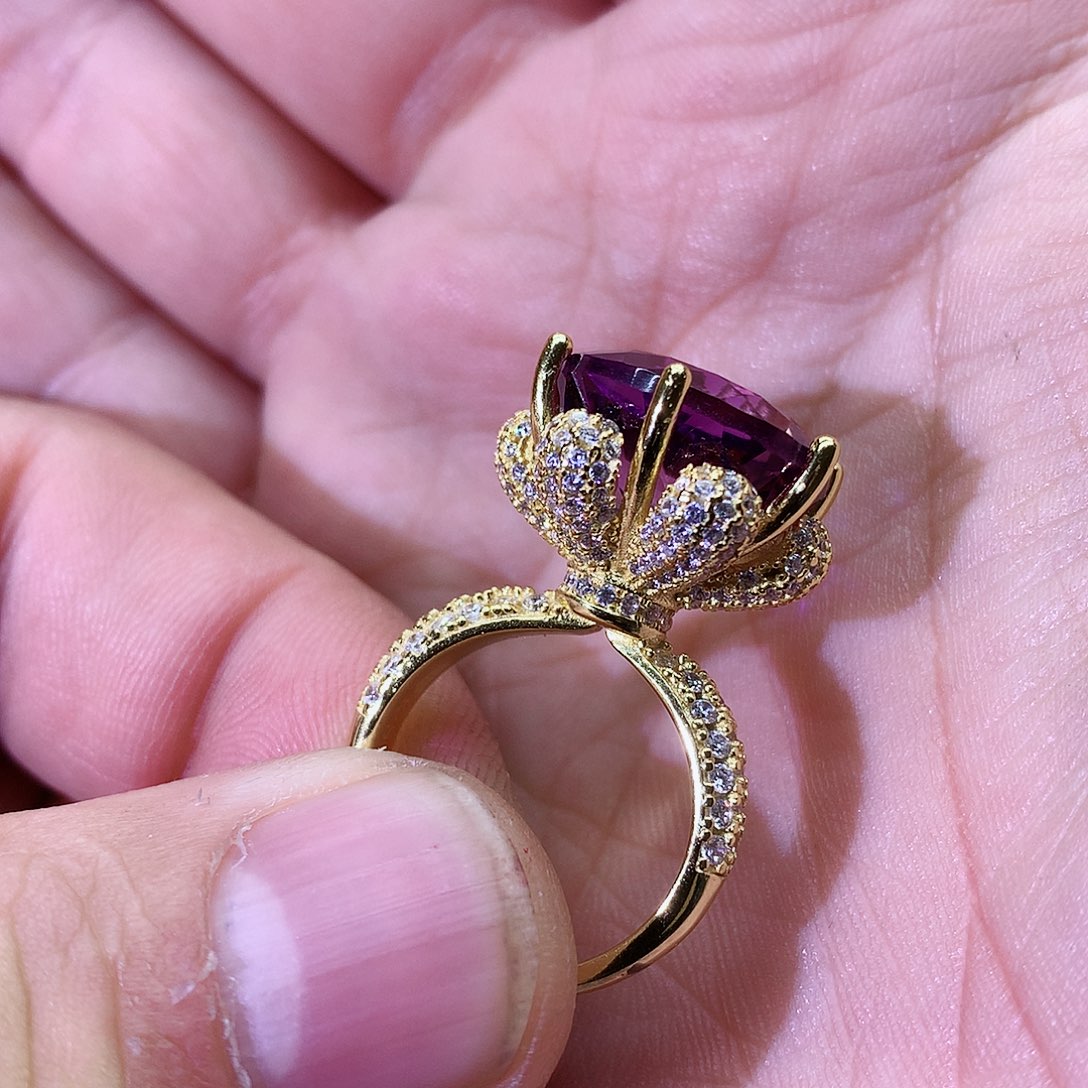紫晶戒指银S925镀金镶嵌