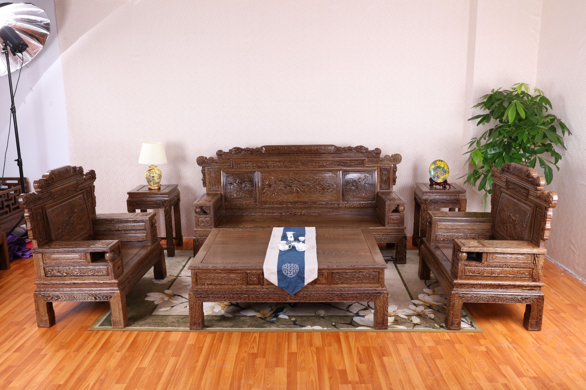 国标红木大叶鸡翅木财源滚滚沙发