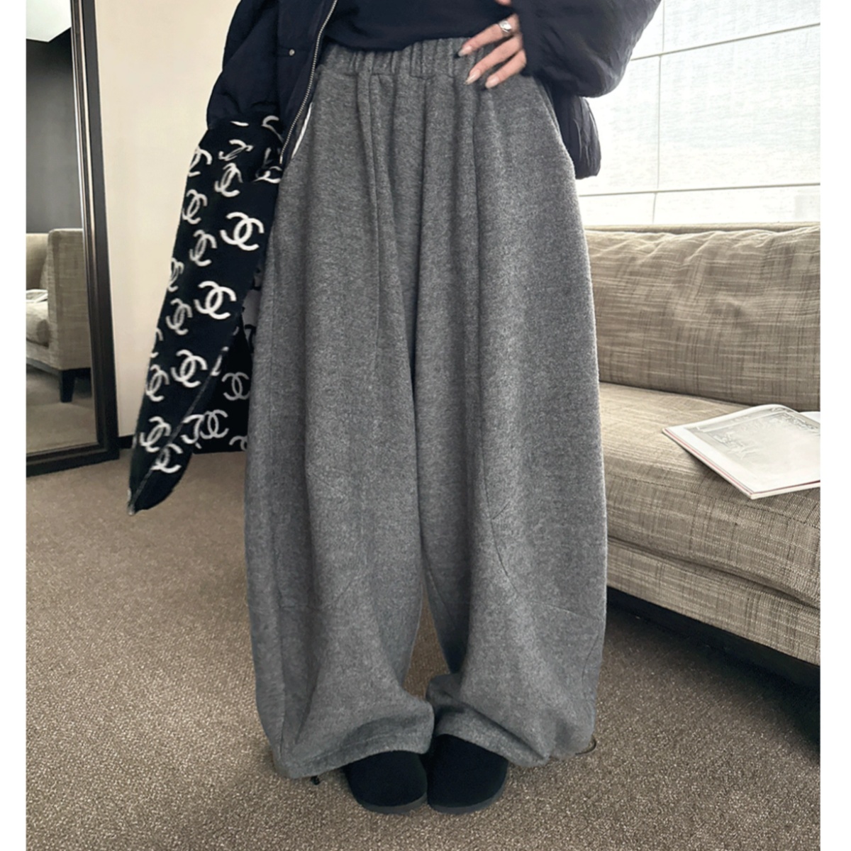 高端货~抗冻加绒毛呢质感宽松显瘦立体气球裤弯刀裤阔腿长裤