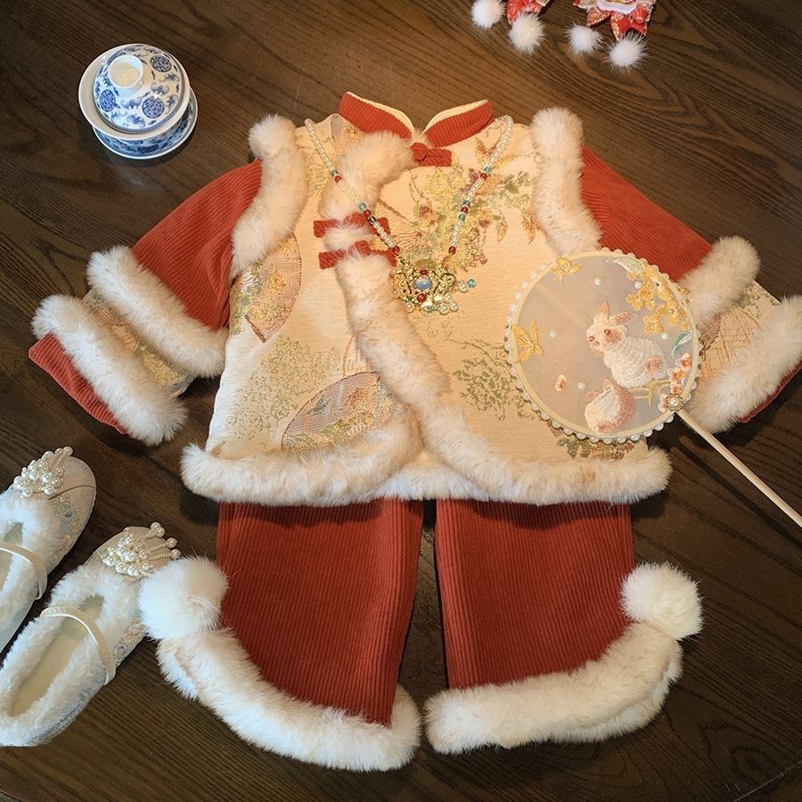 女童加绒冬季汉服套装拜年服女宝宝加厚唐装新年装中式保暖国风潮