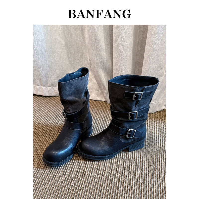  BANFANG4CM褶扣野调机车短靴硬朗与松弛的双向共赴
