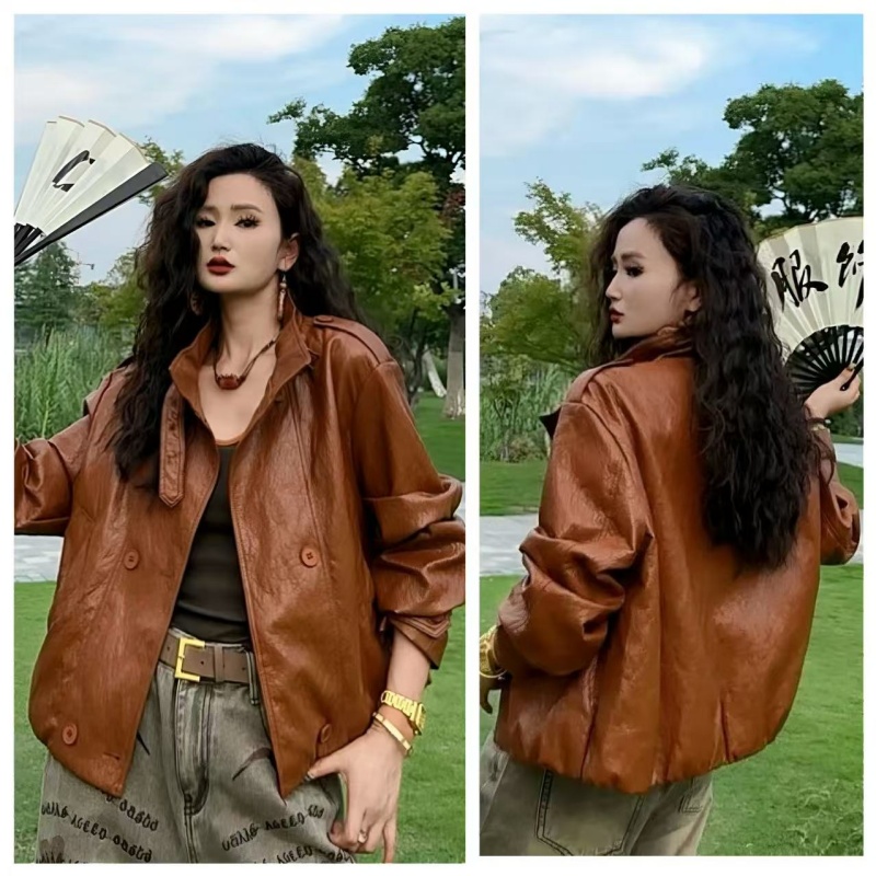 25秋季新款复古立领双排扣皮衣外套女短款机车夹克皮衣--25225